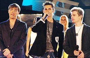 O-Zone performing at Cerbul De Aur in September 2005. From left to right: Arsenie Todiraș, Dan Bălan, Radu Sîrbu