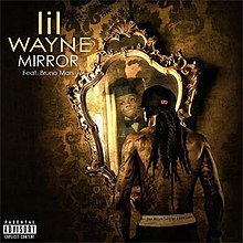 Lil Wayne staring at a mirror seing a reflection of a younger himself, the words "Lil Wayne Mirror feat. Bruno Mars" are on the top of the image.