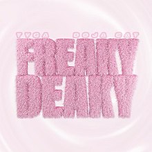 "Freaky Deaky" written in a fuzzy pink font placed in the center of the light pink background with the names of the artists written above.