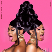 Cover art for "WAP": portrait of Cardi B (right) and Megan Thee Stallion (left) leaning against each other, set to a hot pink background. Both of them have their eyes closed and their tongues sticking out, wearing tall, black wigs that look identical.