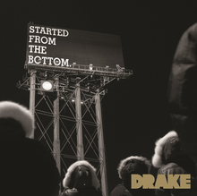 An image of group of people standing on the ground near a billboard at night. The billboard reads "STARTED FROM THE BOTTOM." with each word stacked on top of each other with an drawing of an owl placed on the bottom right of the billboard.