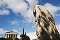 Sculptural pattern against the background of Parthenon, Athenian Acropolis. Athens cityscape. Athens, Greece. [Not the Parthenon, which has eight columns on the ends]