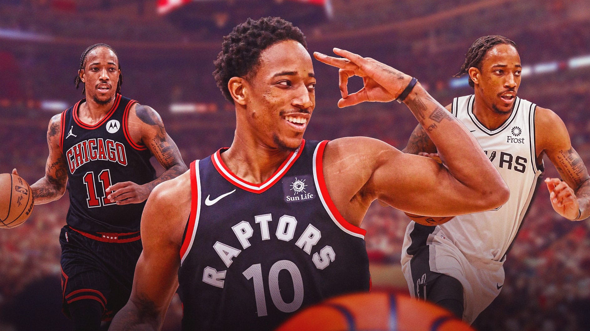 DeMar DeRozan playing for the Bulls, Raptors and Spurs.