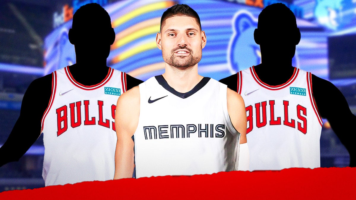 Nikola Vucevic in a Grizzlies jersey next to two silhouettes in Bulls jerseys.