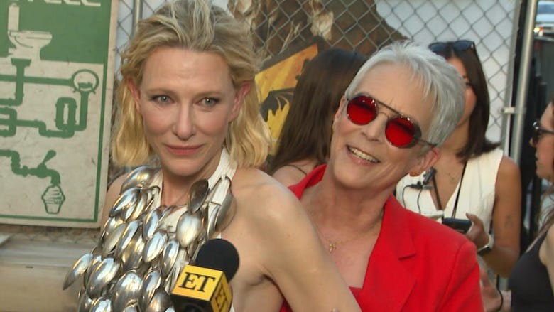 Watch Jamie Lee Curtis Shield Cate Blanchett's Wardrobe Malfunction During Interview (Exclusive)