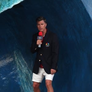 TEAHUPO'O, FRENCH POLYNESIA - JULY 28: American actor and screenwriter Colin Jost films a segment as he covers Olympic Surfing in Tahiti for NBC on July 28, 2024 in Teahupo'o, French Polynesia.