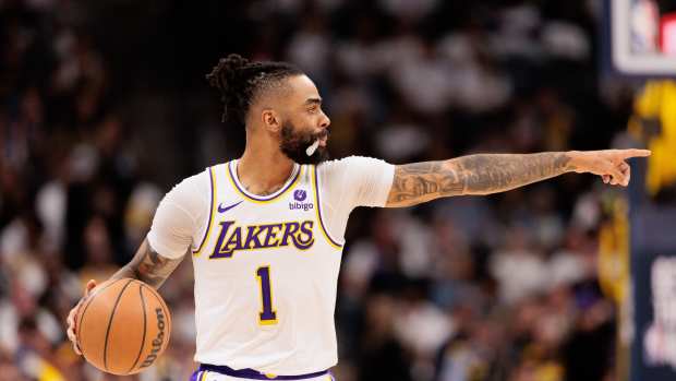 Denver, Colorado, USA; Los Angeles Lakers guard D'Angelo Russell (1) calls a play during the third quarter against the Denver Nuggets in game one of the first round for the 2024 NBA playoffs at Ball Arena - Andrew Wevers-USA TODAY Sports