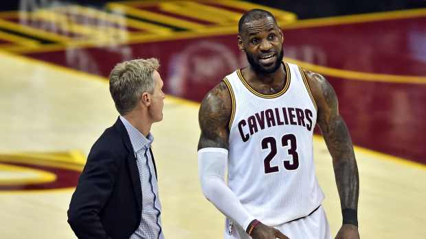 Cleveland, OH, USA; Cleveland Cavaliers forward LeBron James (23) talks with Golden State Warriors head coach Steve Kerr during the first quarter in game four of the Finals for the 2017 NBA Playoffs at Quicken Loans Arena - Ken Blaze-USA TODAY Sports