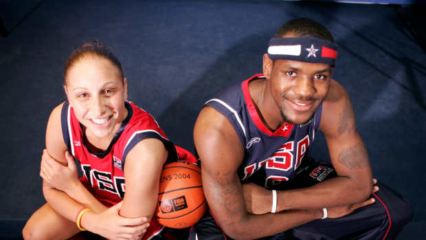 Diana Taurasi and LeBron James pose for a photo shoot in Athens, Greece for the Athens 2004 Olympic Games.  