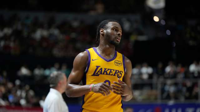 Jul 12, 2024; Las Vegas, NV, USA; Los Angeles Lakers guard Bronny James (9) competes during the second half against the Houston Rockets at the Thomas & Mack Center.