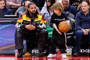 Drake and Adonis attend Los Angeles Clippers v Toronto Raptors