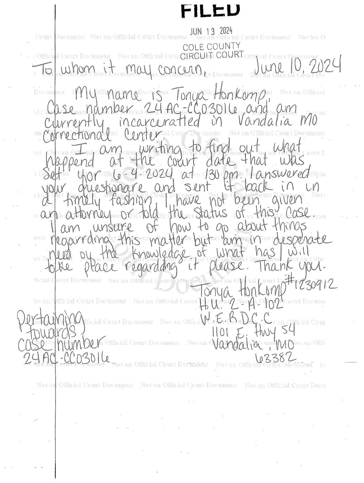 Honkomp Letter to Court