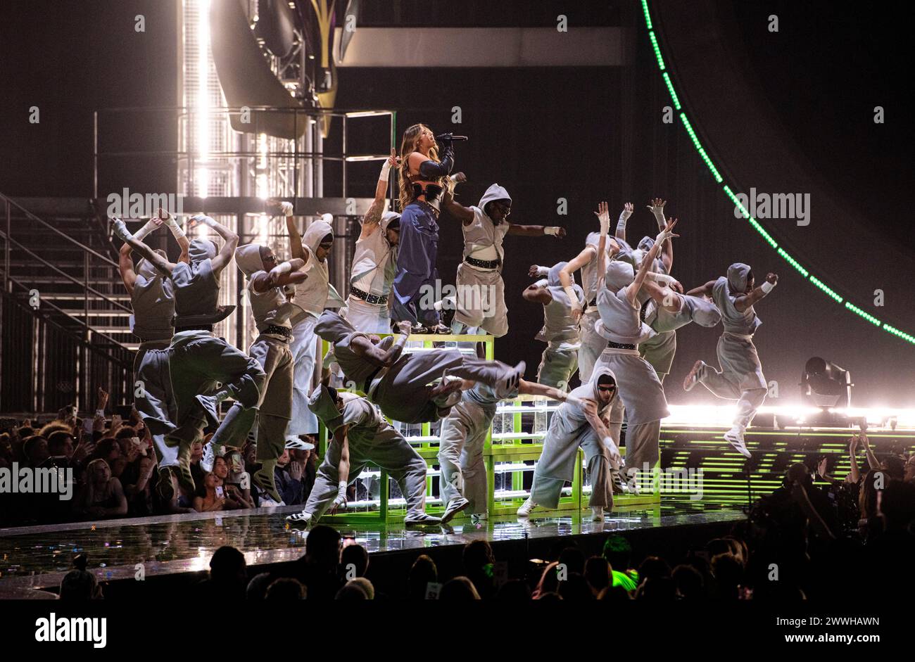 Tate McRae performing live at the 2024 BRIT awards ceremony, O2 Arena, London, on 2 March 2024 Tate McRae (Tate Rosner McRae) is a Canadian singer, songwriter, dancer, and actress, with fans named as Tater Tots Stock Photo