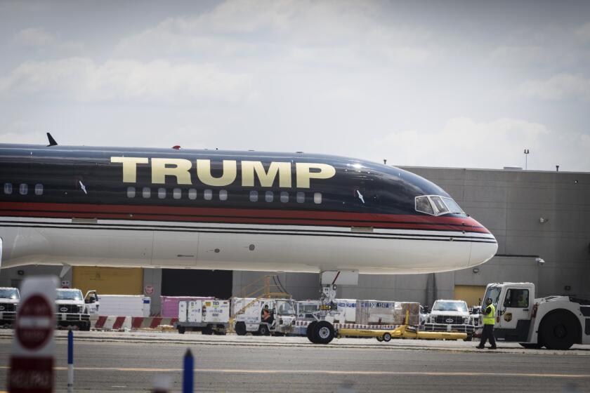 Former President Donald Trump's plane taxis towards the runaway at Newark International Airport on Saturday June 10, 2023 in Newark, N.J. Trump is heading to Georgia and North Carolina for campaign events. (AP Photo/Stefan Jeremiah)