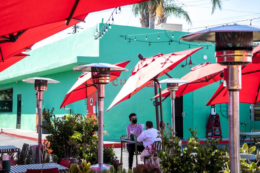 LOS ANGELES, CA - APRIL 30: The outdoor dining area at Chifa on Friday, April 30, 2021 in Los Angeles, CA. (Mariah Tauger / Los Angeles Times)