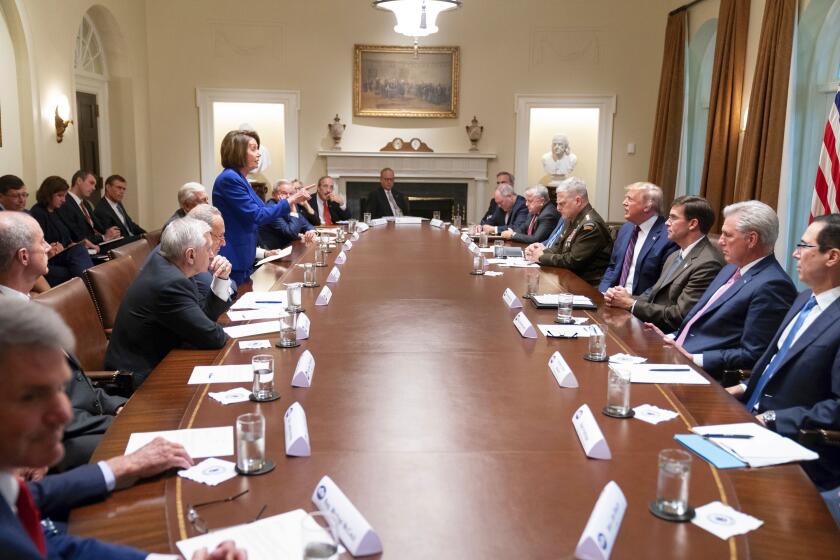 President Donald Trump meets with House Speaker Nancy Pelosi and Congressional leadership Wednesday Oct. 16 2019 in the Cabinet Room of the White House.. (Photo by: Hum Images/Universal Images Group via Getty Images)