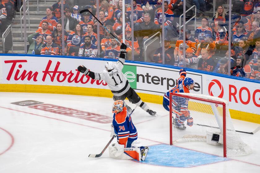 EDMONTON, CANADA - APRIL 24: Anze Kopitar #11 of the Los Angeles Kings celebrates his overtime winning goal against the Edmonton Oilers in Game Two of the First Round of the 2024 Stanley Cup Playoffs at Rogers Place on April 24, 2024, in Edmonton, Alberta, Canada. (Photo by Andy Devlin/NHLI via Getty Images)