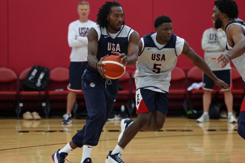 LAS VEGAS, NV - JULY 7: Kawhi Leonard #8 of the USA Basketball Men's Team handles the ball during USAB Men's Training Camp in Las Vegas on July 7, 2024 in Las Vegas Nevada. NOTE TO USER: User expressly acknowledges and agrees that, by downloading and/or using this Photograph, user is consenting to the terms and conditions of the Getty Images License Agreement. Mandatory Copyright Notice: Copyright 2024 NBAE (Photo by Mercedes Oliver/NBAE via Getty Images)