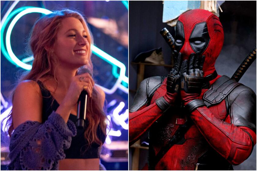 A split image of Blake Lively smiling and holding a microphone, and Ryan Reynolds in costume as Deadpool covering his mouth