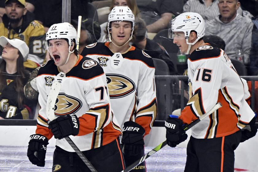 Anaheim Ducks right wing Frank Vatrano (77) celebrates a goal against the Vegas Golden.