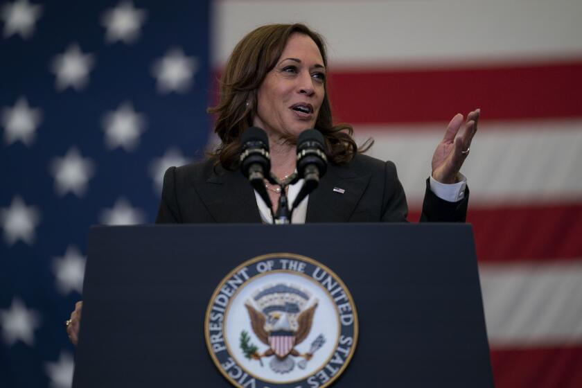 VANDENBERG SPACE FORCE BASE, CA - APRIL 18: Vice President Kamala Harris delivers remarks during a visit to Vandenberg Space Force Base on April 18, 2022 in California. (Kent Nishimura / Los Angeles Times)