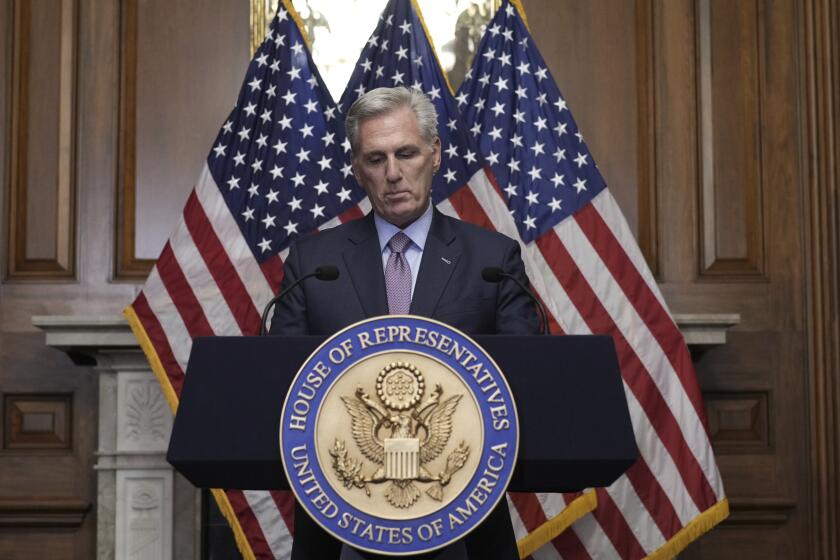 Rep. Kevin McCarthy, R-Calif., speaks to reporters hours after he was ousted as Speaker of the House, Tuesday, Oct. 3, 2023, at the Capitol in Washington. (AP Photo/J. Scott Applewhite)