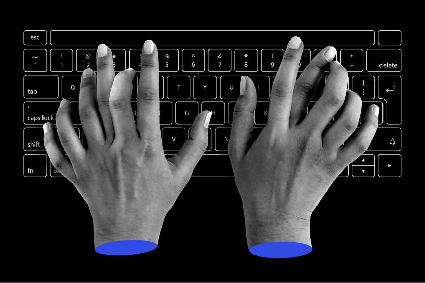 Disembodied hands with more than five fingers on each hand type on a computer keyboard.