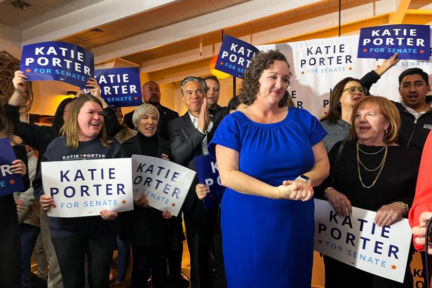 Los Angeles, CA - March 05: Election Night Party with Katie Porter, replacing the seat left vacated by Sen. Dianne Feinstein, in The Bungalow on Tuesday, March 5, 2024 in Los Angeles, CA. (Genaro Molina / Los Angeles Times)