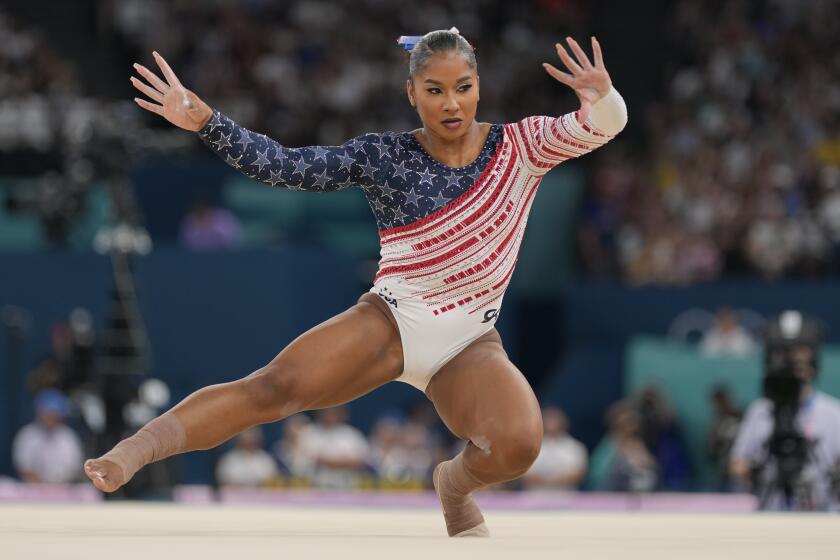 Jordan Chiles, of the United States, performs on the floor during the women's artistic gymnastics.