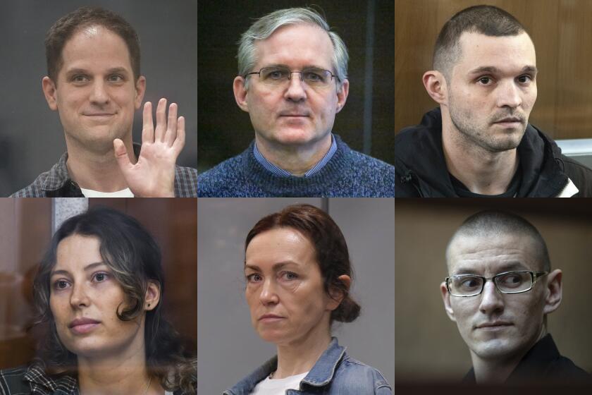 This photo combination shows some of the U.S. citizens who are in Russian custody. Clockwise from top left are Wall Street Journal reporter Evan Gershkovich, corporate security executive Paul Whelan, Army Staff Sgt. Gordon Black, a dual U.S.-Russian national Robert Woodland Romanov, Prague-based editor for the U.S. government-funded Radio Free Europe/Radio Liberty's Tatar-Bashkir service Alsu Kurmasheva, and a dual U.S.-Russian national Ksenia Karelina also known as Khavana. (AP Photo)