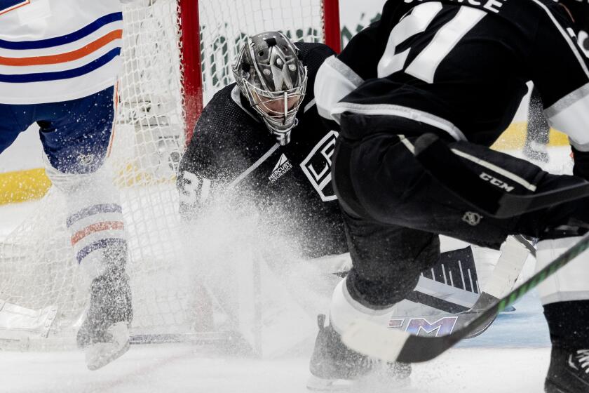 LOS ANGELES, CA - APRIL 28, 2024: Los Angeles Kings goaltender David Rittich (31).