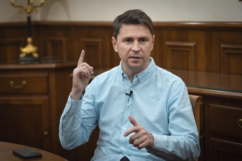 Ukrainian Presidential adviser Mykhailo Podolyak speaks during an interview with The Associated Press in Kyiv, Ukraine, Thursday, July 25, 2024. (AP Photo/Efrem Lukatsky)