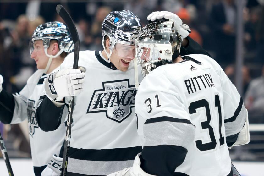 LOS ANGELES, CALIFORNIA - APRIL 13: Andreas Englund #5 and David Rittich.