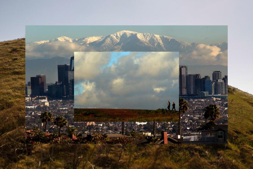 Three photos: Baldwin Hills Scenic Overlook; Los Angeles skyline from Kenneth Hahn Recreational Park; Victory Trailhead