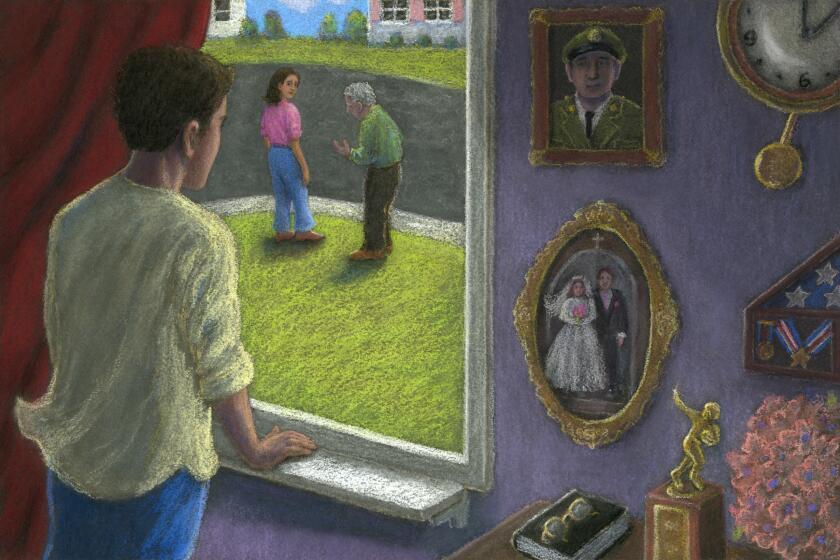 An illustration of a man looking out a window.