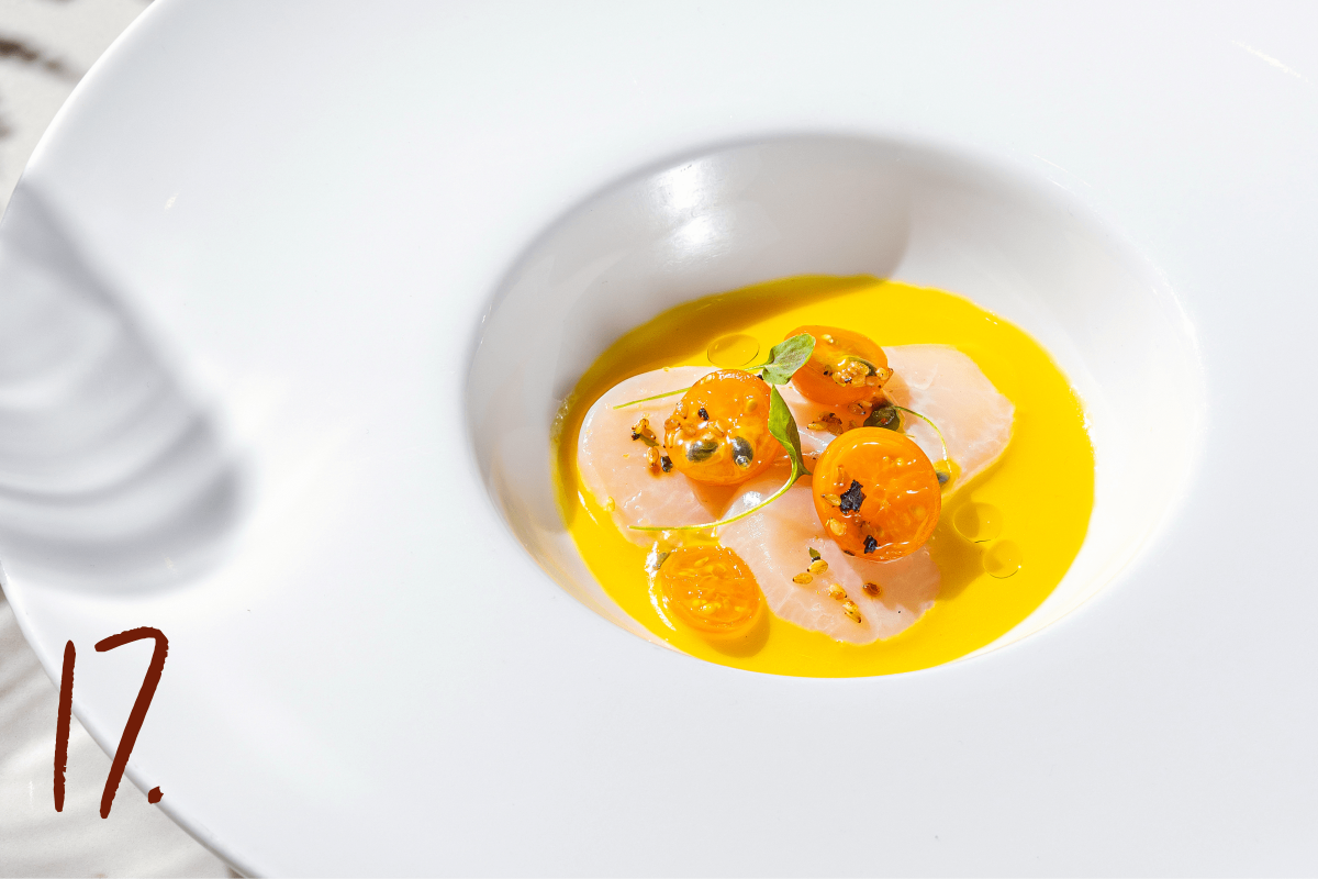 #17: Hokkaido scallop crudo, Japanese sweet potato vinegar, passion fruit, sungold tomato, topped with watercress