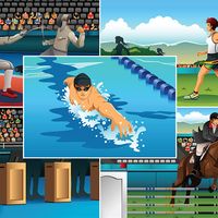 A vector illustration of modern pentathlon sport for sport competition series. Fencing, running, swimming, shooting, horse racing, equestrian