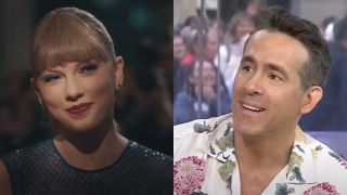 From left to right: Taylor Swift smiling in the "Delicate" music video and Ryan Reynolds smiling while on the Today Show.