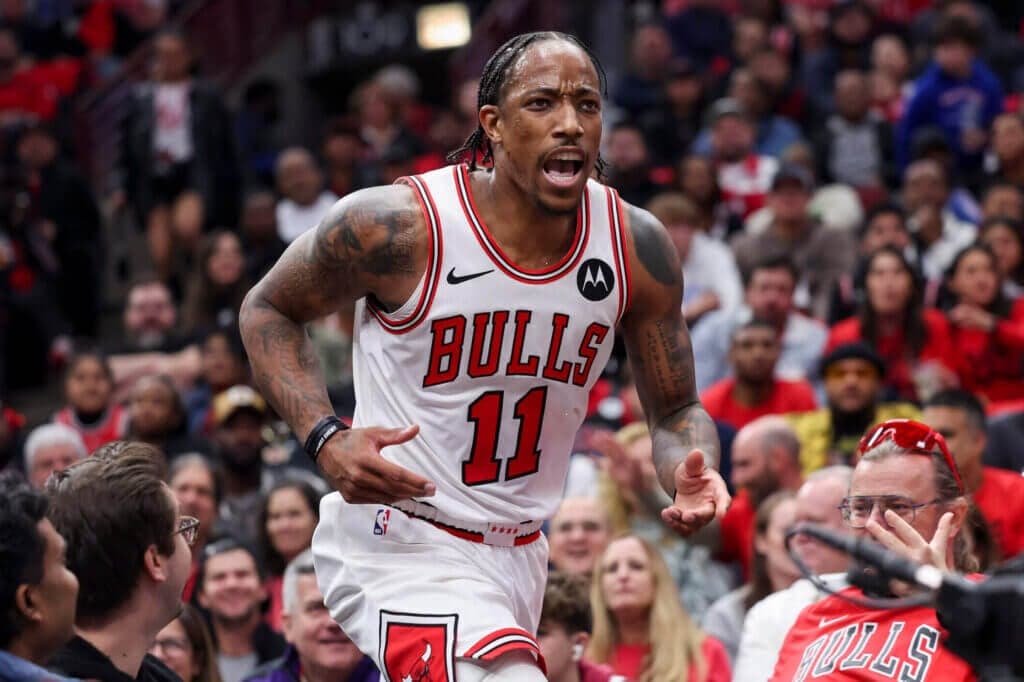 The Chicago Bulls&#039; DeMar DeRozan (11) yells after chasing a loose ball out of bounds during the second quarter against the Oklahoma City Thunder at the United Center on Wednesday, Oct. 25, 2023, in Chicago. (Armando L. Sanchez/Chicago Tribune/Tribune News Service via Getty Images)