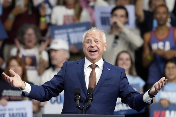 Democratic vice presidential nominee Minnesota Gov. Tim Walz speaks at a campaign rally at Desert Diamond Arena, Friday, Aug. 9, 2024, in Glendale, Ariz. (AP Photo/Ross D. Franklin)