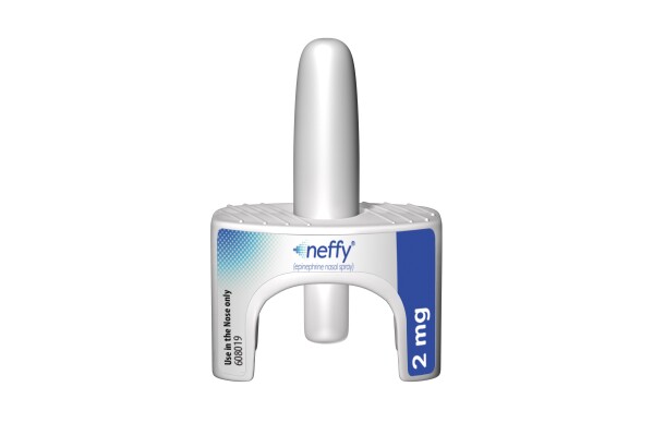 This image provided by ARS Pharmaceuticals on Friday, Aug. 9, 2024, shows the company's Neffy nasal spray to treat severe allergic reactions. (ARS Pharmaceuticals via AP)