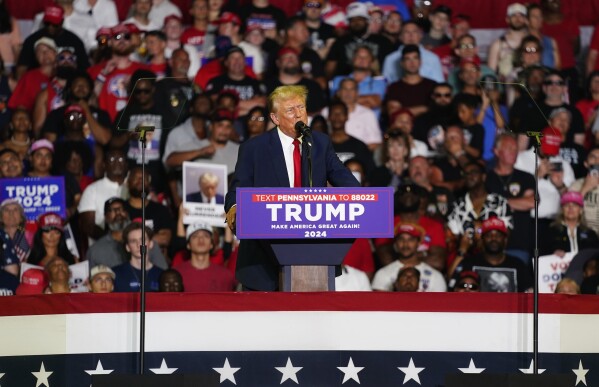 FILE - Republican presidential candidate former President Donald Trump speaks at a campaign rally, June 22, 2024, at Temple University in Philadelphia. Trump is getting back on the campaign trail on July 9, rallying voters in his home state at his flagship golf resort in a celebratory mood as Democrats face tough calls over President Joe Biden's reelection chances. (AP Photo/Chris Szagola, File)