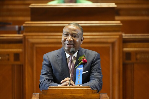 FILE - Democrat state Sen. Cleo Fields speaks during the swearing in of the Louisiana state legislature in Baton Rouge, La., Monday, Jan. 8, 2024. (AP Photo/Gerald Herbert, Pool)