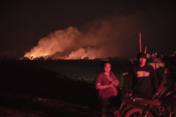 Smoke billows behind Indigenous families as part of attacks on the Guarani Kaiowa ethnicity on Panambi Lagoa Rica Indigenous land in Douradina, Mato Grosso do Sul state, Brazil, Saturday, Aug. 3, 2024. The Indigenous people allege that farmers are responsible for the attack to discourage them from recuperating land. (AP Photo/Gabriel Schlickmann)