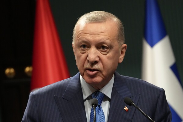 FILE - Turkish President Recep Tayyip Erdogan speaks during a news conference in Ankara, Turkey, Monday, May 13, 2024. (AP Photo/Burhan Ozbilici, File)