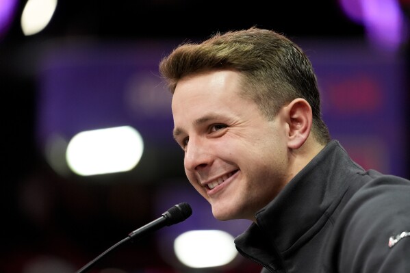 San Francisco 49ers quarterback Brock Purdy speaks to the media during NFL football Super Bowl 58 opening night Monday, Feb. 5, 2024, in Las Vegas. The San Francisco 49ers face the Kansas City Chiefs in Super Bowl 58 on Sunday. (AP Photo/Matt York)