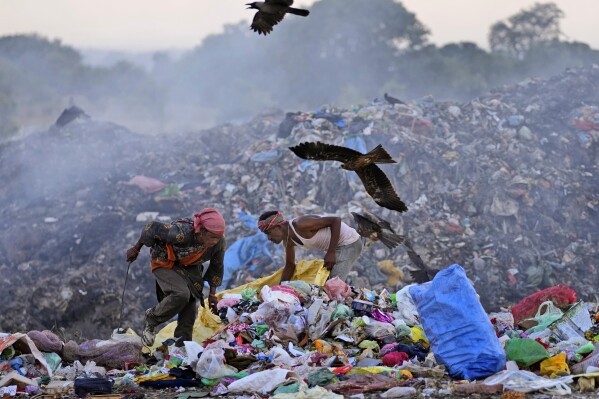 Waste pickers Salmaa and Usmaan Shekh, right, search for recyclable materials during a heat wave at a garbage dump on the outskirts of Jammu, India, Wednesday, June 19, 2024. Shekh and his family are among millions of people who scratch out a living searching through India's waste — and climate change is making a hazardous job more dangerous than ever. (AP Photo/Channi Anand)