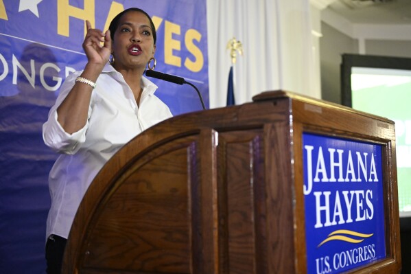 FILE - U.S. Rep. Jahana Hayes, D-Conn., speaks to supporters at her election night event in Waterbury, Conn., Nov. 8, 2022. (AP Photo/Jessica Hill, File)