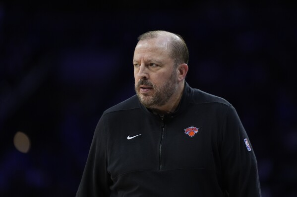 New York Knicks' Tom Thibodeau coaches play during Game 4 in an NBA basketball first-round playoff series, April 28, 2024, in Philadelphia. Thibodeau has agreed to a three-year contract extension after leading the Knicks to three postseason appearances in his four seasons, a person with knowledge of the details said Wednesday, July 24, 2024. (AP Photo/Matt Slocum)