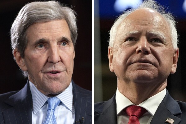 This combination photo shows John Kerry during an interview, Feb. 6, 2024, in Washington, left, and Democratic vice presidential nominee Minnesota Gov. Tim Walz at a campaign rally, Aug. 10, 2024, in Las Vegas. (AP Photo)